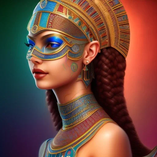 3D close-up of a beautiful Arab pharaonic girl, sarcastic smile, high contrast, glowing backlighting, blue and red backlighting, vibrant hair, dark brown eyes, sharp focus, high makeup, medium face painting, background blur.Mark Ryden