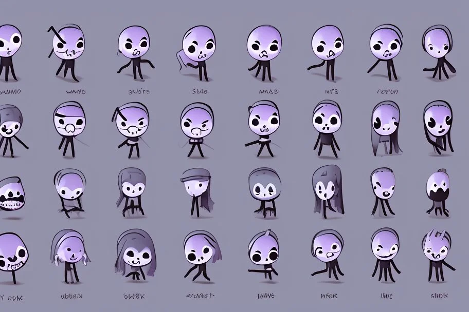 make a bunch of simple hand-drawn spooky and cute cartoon characters with bodies arms, and legs I could draw and make them all different