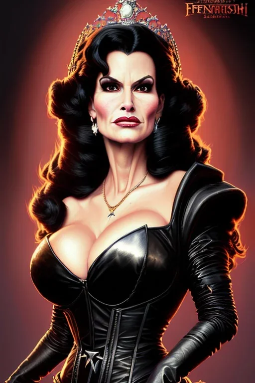 painting of lisa ann as evil queen in black leather gown, feminie, angry, stern look on her face, volouptous, busty, cleavage, emperious, mature, highly detailed, digital painting, artstation, concept art, smooth, sharp focus, illustration, art by gaston bussiere and alphonse mucha