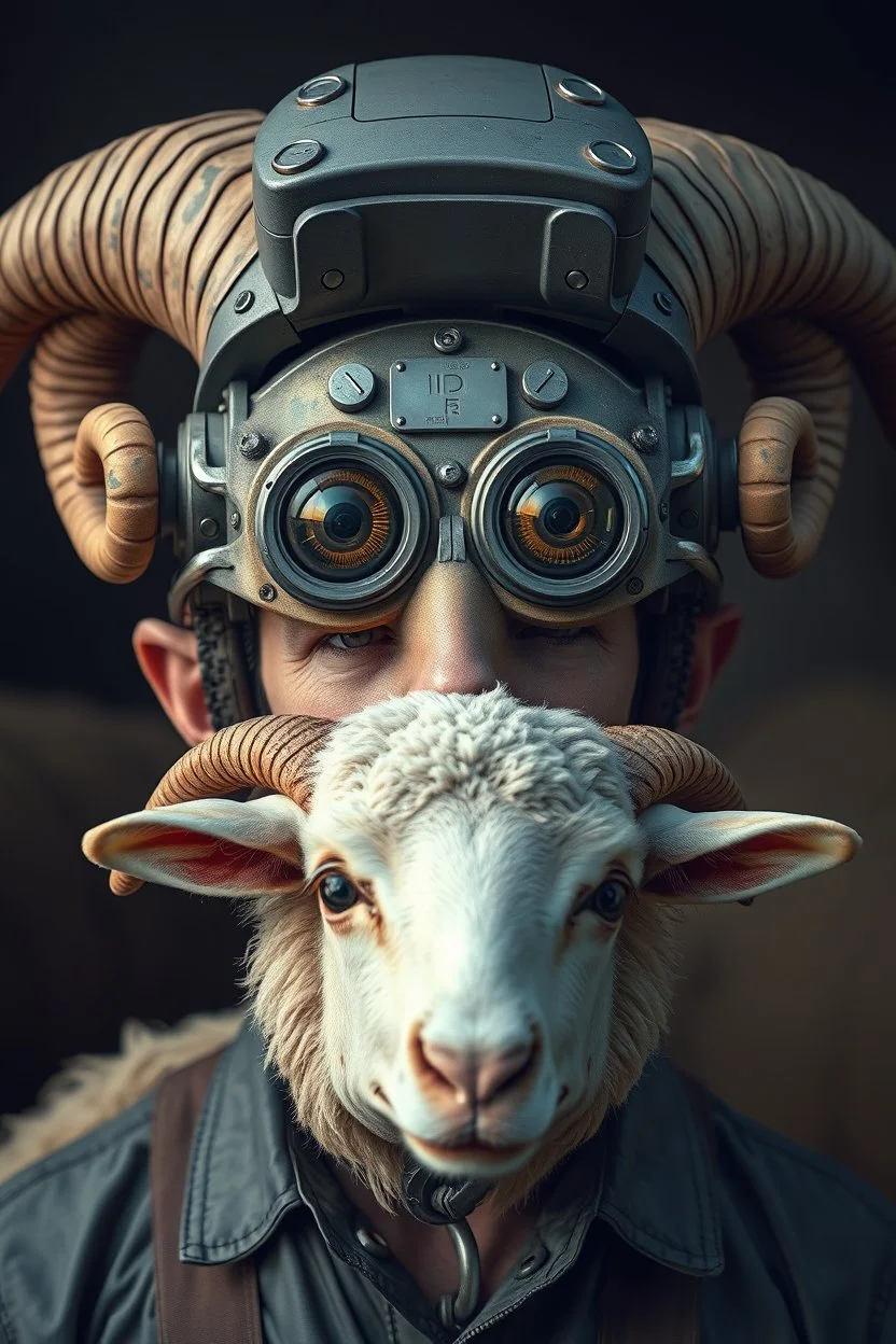 with heading (autofarm) in poster form,a portrait of a fat head mechanic sheepman, man is eating a hybrid mixed body part sheep, giant eyes sheep alien style H.R giger look. as one headed