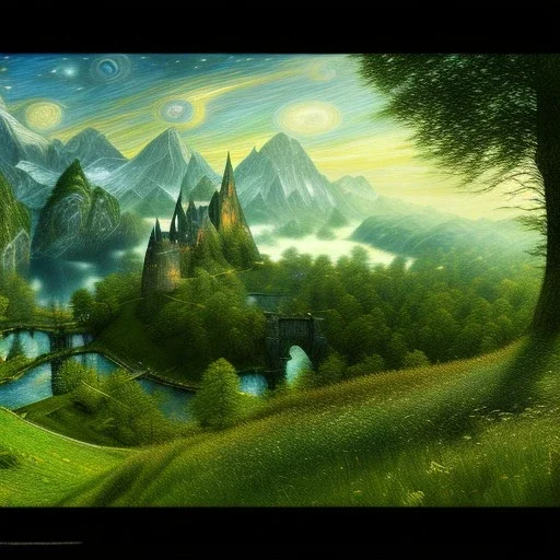 Epic Drawing of scenery of The LOTR estilo Van Gogh 4k