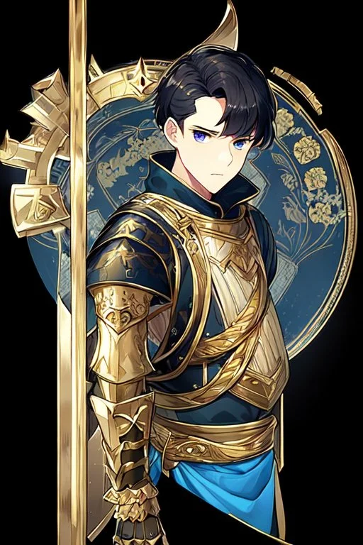 A handsome 30 year old knight, black hair, dark blue eyes, male bob haircut, in black-and-gold plate armor, no beard, european, portrait