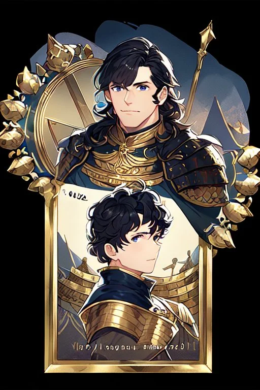 A handsome 30 year old knight, black hair, dark blue eyes, wavy haircut, in black-and-gold plate armor, no beard, european, portrait