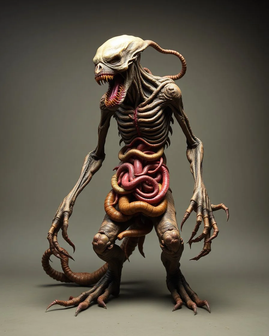 A horrific disgusting intestines and guts horror monster with mutated deformed body many limbs, poisonous mutant creature, flesh, bones, anatomical structures