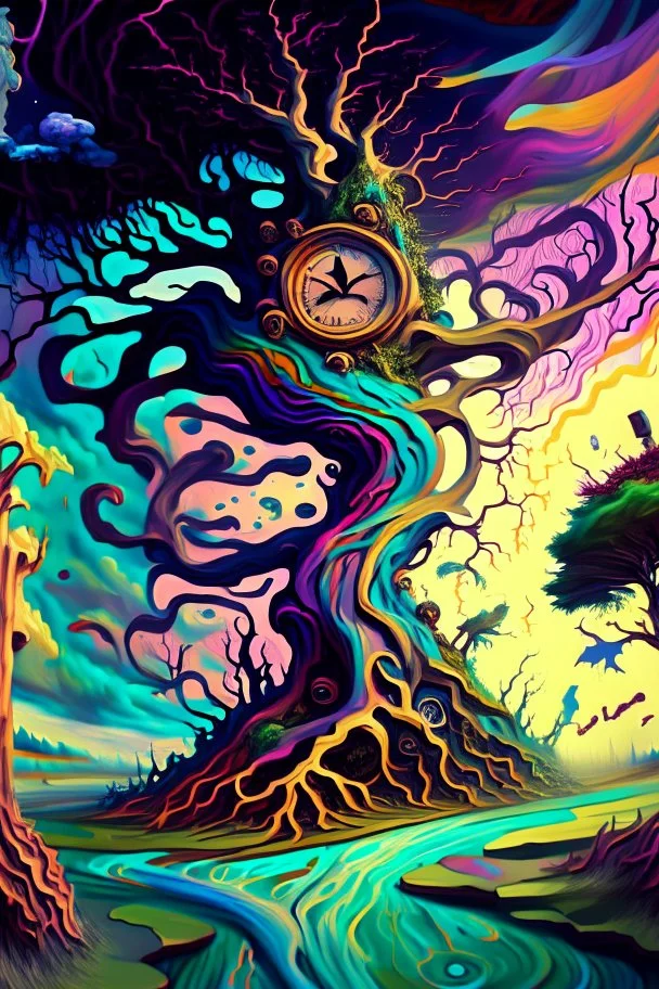 A digital painting of a grotesque, surreal landscape, embodying the chaos of the subconscious showing a distorted clock and shaped trees with twisted roots float above a ground with colorful waves and swirls. This landscape is like a dream world. Use exaggerated proportions, and a digital brush texture of oil paint.