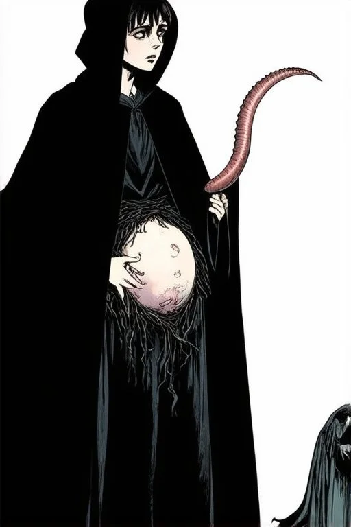 7 year old boy, necromancer, friendly, looks dead,with a long lamprey emerging from his belly , wearing black robes, with the lower body of a ghost in the style of Harry Clarke