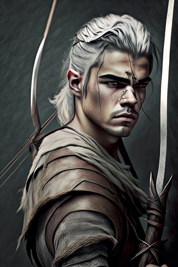 gladiator gray hair young medieval man with a longbow