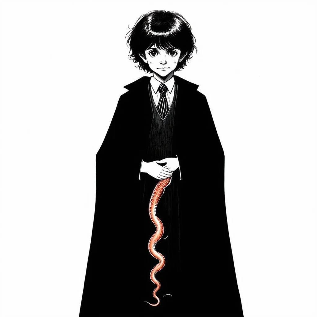 7 year old boy, necromancer, friendly, with a long lamprey emerging from his belly , wearing black robes, in the style of Harry Clarke