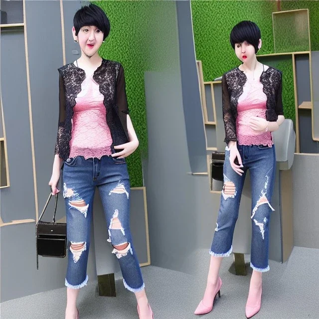 boylike guy boyish boylike shorthair (boyish face) (cleavage in the neckline) (wide hips) (big round hips) (ripped jeans with lace fishnet stockings with ruffles) (pink women's room)