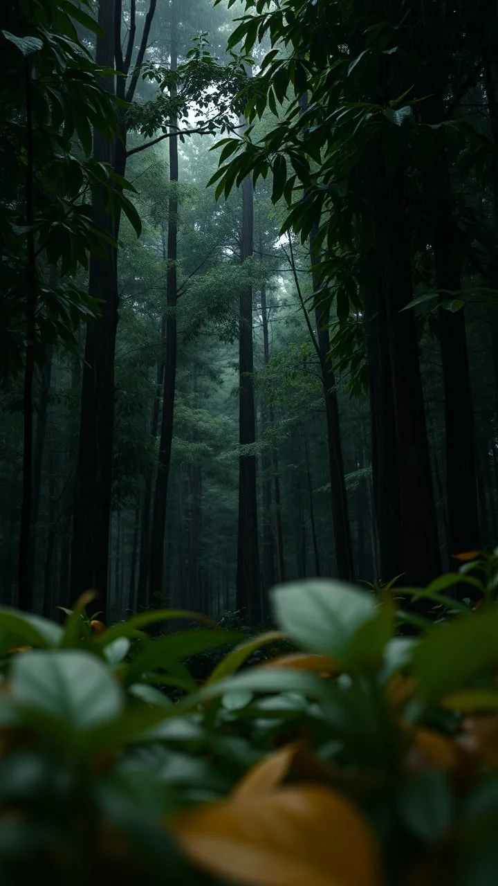 a dramatic scene in a dense forest with A FIR BRUNCH under the rain. The background should feature raindrops falling around the leaves.