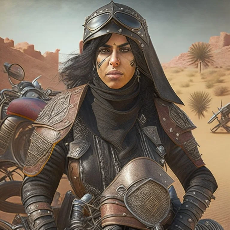 Retrato de La Reina del medioevo: La líder de una pandilla de motociclistas despiadada y católica y temida en el desierto. Lleva una chaqueta de cuero con parches y tachuelas, y su motocicleta está equipada con armas improvisadas y blindajes.