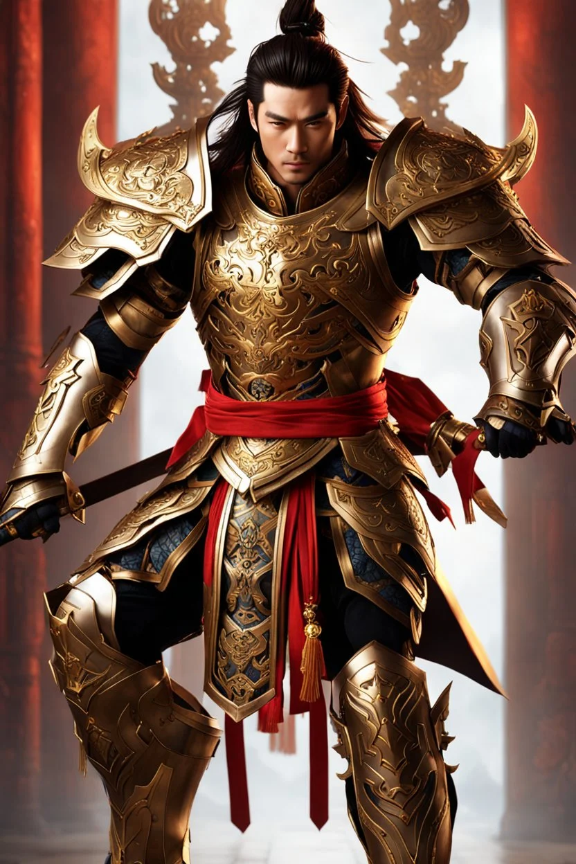 Realistic photography,front view, Handsome Warrior super model Chinese man,dressing armor warframe,long brown hair, looking at viewer,traditional dress ornaments mechanical armor china traditional, intricate armor, delicate golden shine bright, black metalic parts, detailed part, jewelry diamonds,dynamic pose,abstrac background, dynamic lighting, red hour, full body portrait