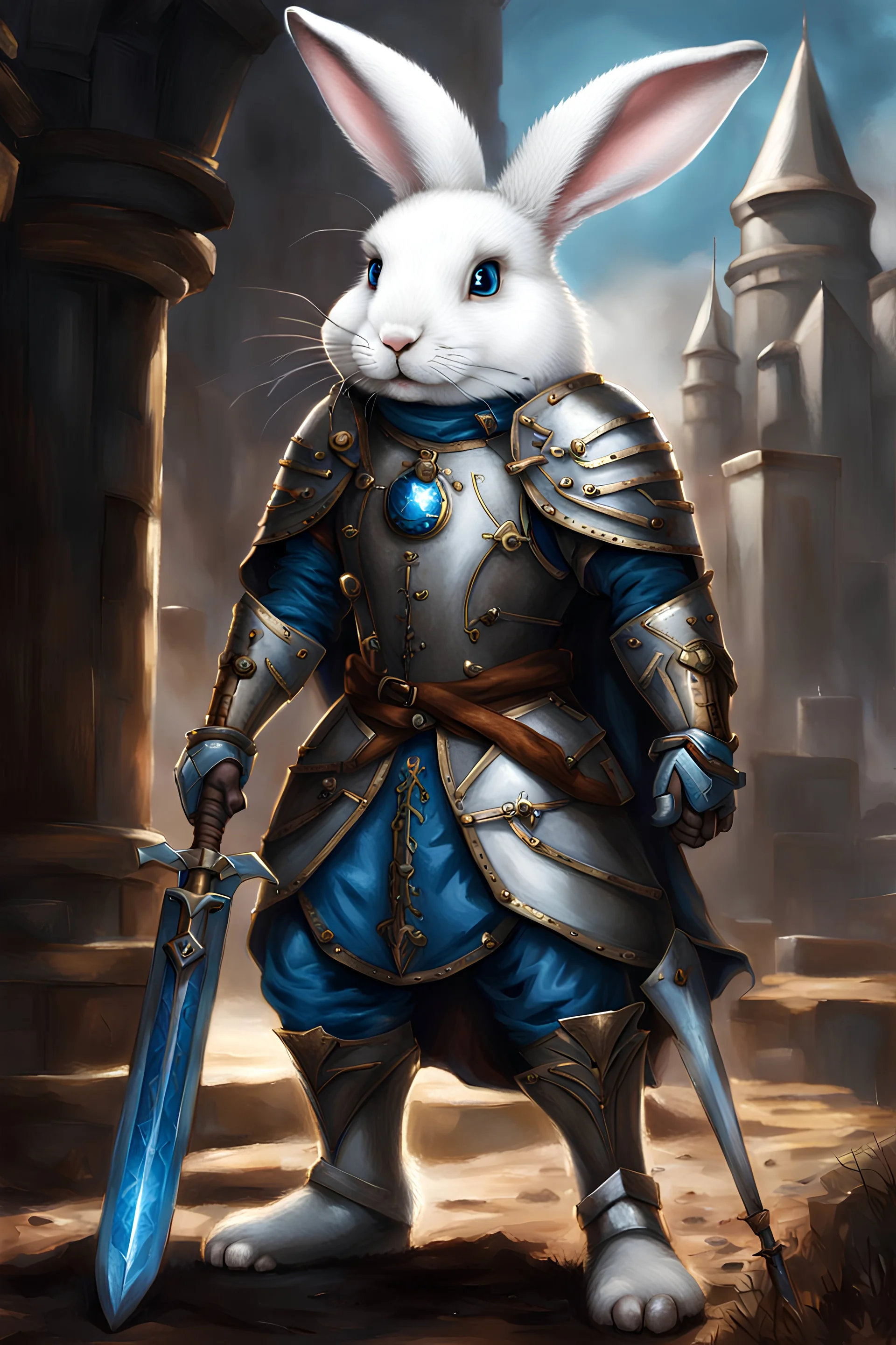 High fantasy male white Rabbit standing up with blue eyes in armor wearing a cloak wearing boots holding a sword