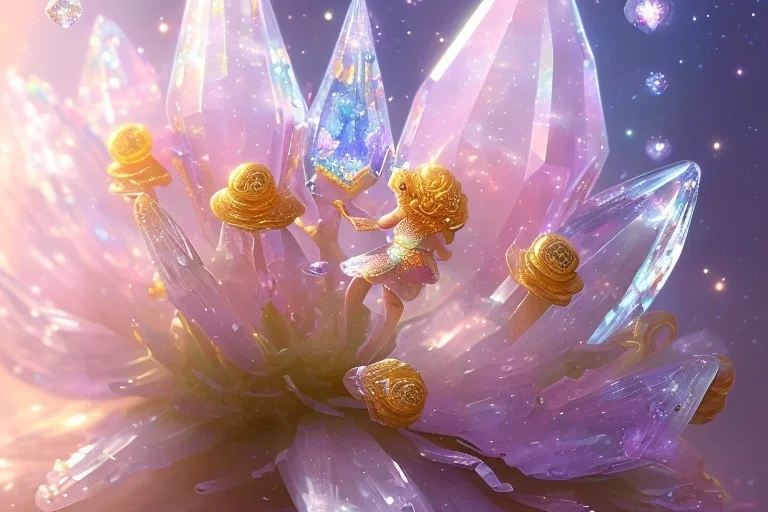 one big crystal subtle flower in a galactic ambiance with a very little beautiful fairy, transparent petals, delicate colors, in the foreground, full of details, smooth, bright sunshine，soft light atmosphere, light effect，vaporwave colorful, concept art, smooth, extremely sharp detail, finely tuned detail, ultra high definition, 8 k, unreal engine 5, ultra sharp focus