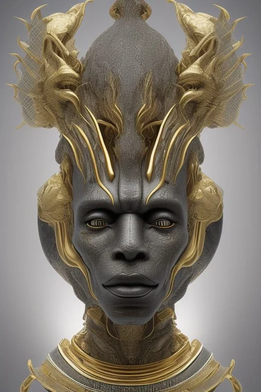 Anunnaki black male African Egyptian alien, cracks in the voodoo head, wicked, eyes, crown, Elephant, 8k, finely detailed, photo realistic, tiger turquoise skull head gold dragon space alien snow skeleton gold olmec silver crown silver eyes