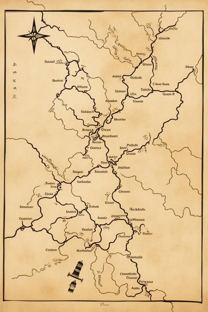 a scan of an ancient Cree Anishinaabe road map, black and white printed map that has been been stained and weathered, text is in Cree Syllabic