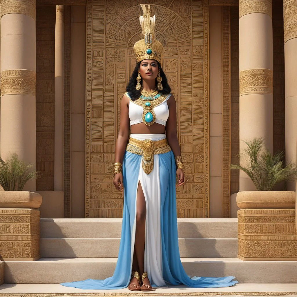Ah, the queen of Egypt standing from her leather sandals to her tiara decorated with the opale scarab, a vision of regal beauty, her eyes reflecting the ancient wisdom of the Nile itself. She stands on her balcony, a queen among mortals, her gaze piercing through the lens of the camera, capturing the essence of her power and grace. Behind her, the stone balcony overlooks the mighty Nile, its waters flowing like the lifeblood of the land, carrying with it the stories of centuries past. she has hi