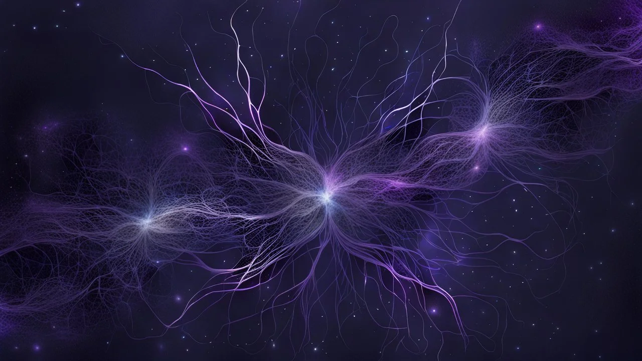A minimalist abstract 2d digital art graphic and ink montage,. Deep dark purple background with pale neural network and galaxy background, human nervous system with fade little lights , white-dark blue-pale gray and black colors, Clean composition with strange surreal vibe, Photorealistic with emotional, abstractions, neurodivergens soul and mind, cinematic, glitch, human dark shilouette