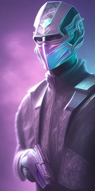 purple galaxy masked super villain, weapons in hands, teal and purple smoke, full portrait, hyper realistic, 4k