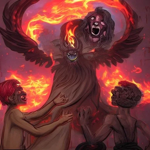 the god Seth playing around with people in hell with his buddy hades with flames burning horus