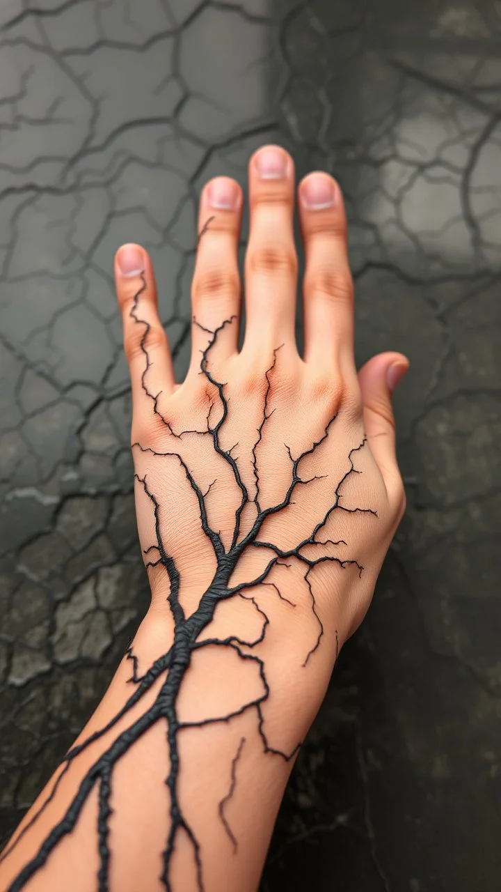 A hand , black vein, human veins, mixing together a lot of them, like a forest, big and small veins a lot of them,