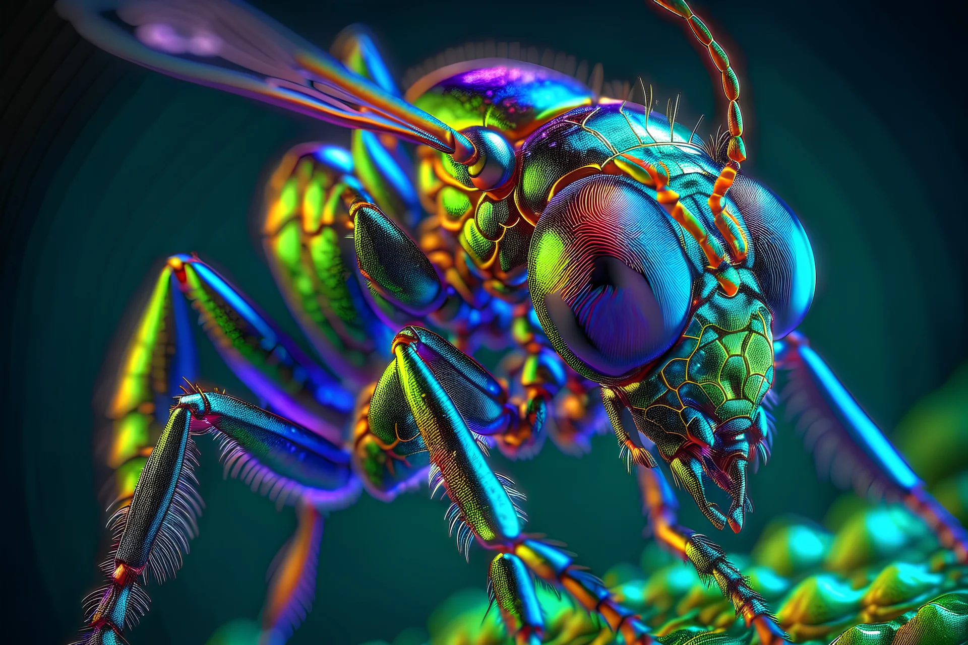 a stunning close-up of an alien wasp,neon colors,photograph, professional vector, high detail, sharp focus, studio photo, intricate details, highly detailed, ultra hd, realistic, highly detailed, realistic, highly detailed , 8k,Miki Asai Macro