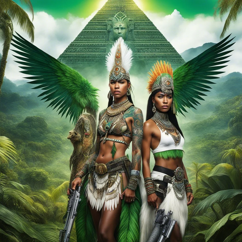 two unusual feral militant indigenous girls covered in tattoos wearing military uniforms covered in tribal patterns and jewellery with patterned sniper rifles encountering a reptilian humanoid god with green scales and wings wearing colourful tribal clothes and elaborate white feather decorations and spectacular radiant aura halo on the top a white mayan pyramid with lush green rainforest mountains in the background in the style of high resolution photographic realism