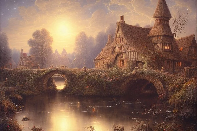 A Cotswold village, a brook, a bridge, Full moon, beautiful celestial sky, Milky Way, hyper-detailed art by Ivan Kramskoi. elegant intricate oil on canvas beautiful high detail award winning fantastic view crisp quality hdr