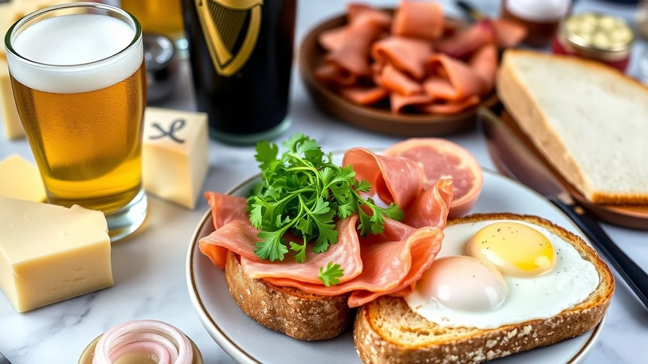 A glass of Guinness stout, a platter of cheeses, a chunk of freshly baked bread with butter and sliced ham, watercress, fried bacon and eggs, pickled onions. Award-winning colour photograph.