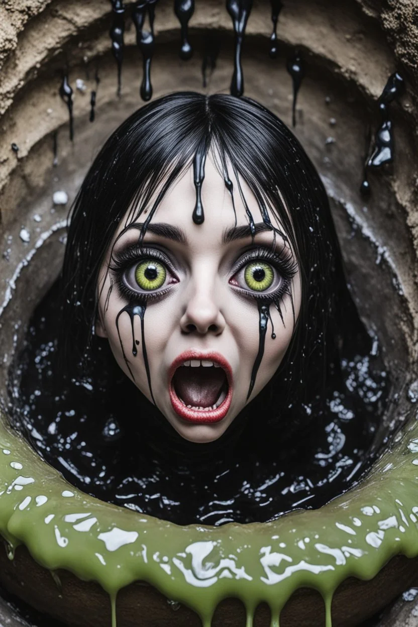 Closeup huge goth with big eyes, fullbody, slime, the perspective looking up from the bottom of an empty well, rolling eyes, tongue out, saliva drip, open mouth,