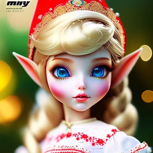 close up on elf as dollie deluxe, bright eyes, post card, toy train