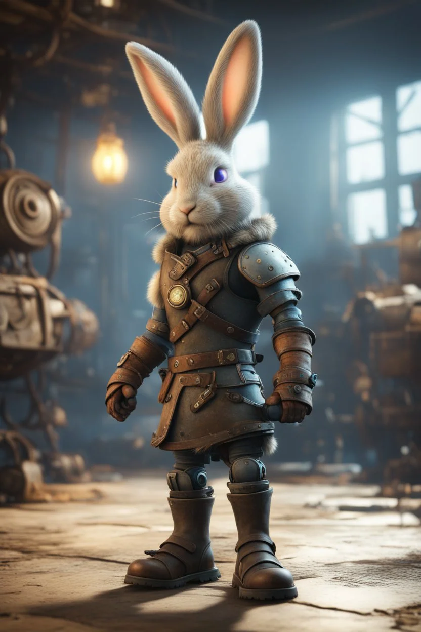 viking rabbit with boots in fallout 4 setting, bokeh, downlight, prize winning, depth of field, trading robot monster in background, stereoscopic cartoon