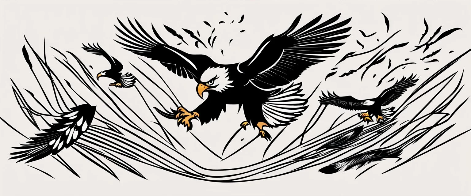 energetic lines blowing across the composition, eagle chasing smaller birds on the right, a few feathers trailed behind, vector black on white