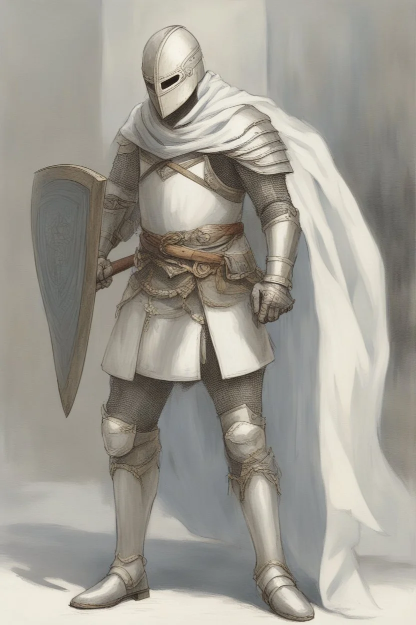 Knight wearing white half armor and white cape with white mask, holding a spear