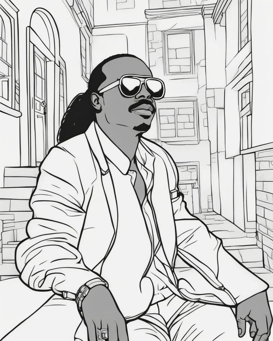 coloring page for teens, simple outlines art, cartoon style, outline drawing, bold outlines, clean and clear outlines, no tones color, no color, no detailed art, art full view, wide angle, white background, STEVIE WONDER.