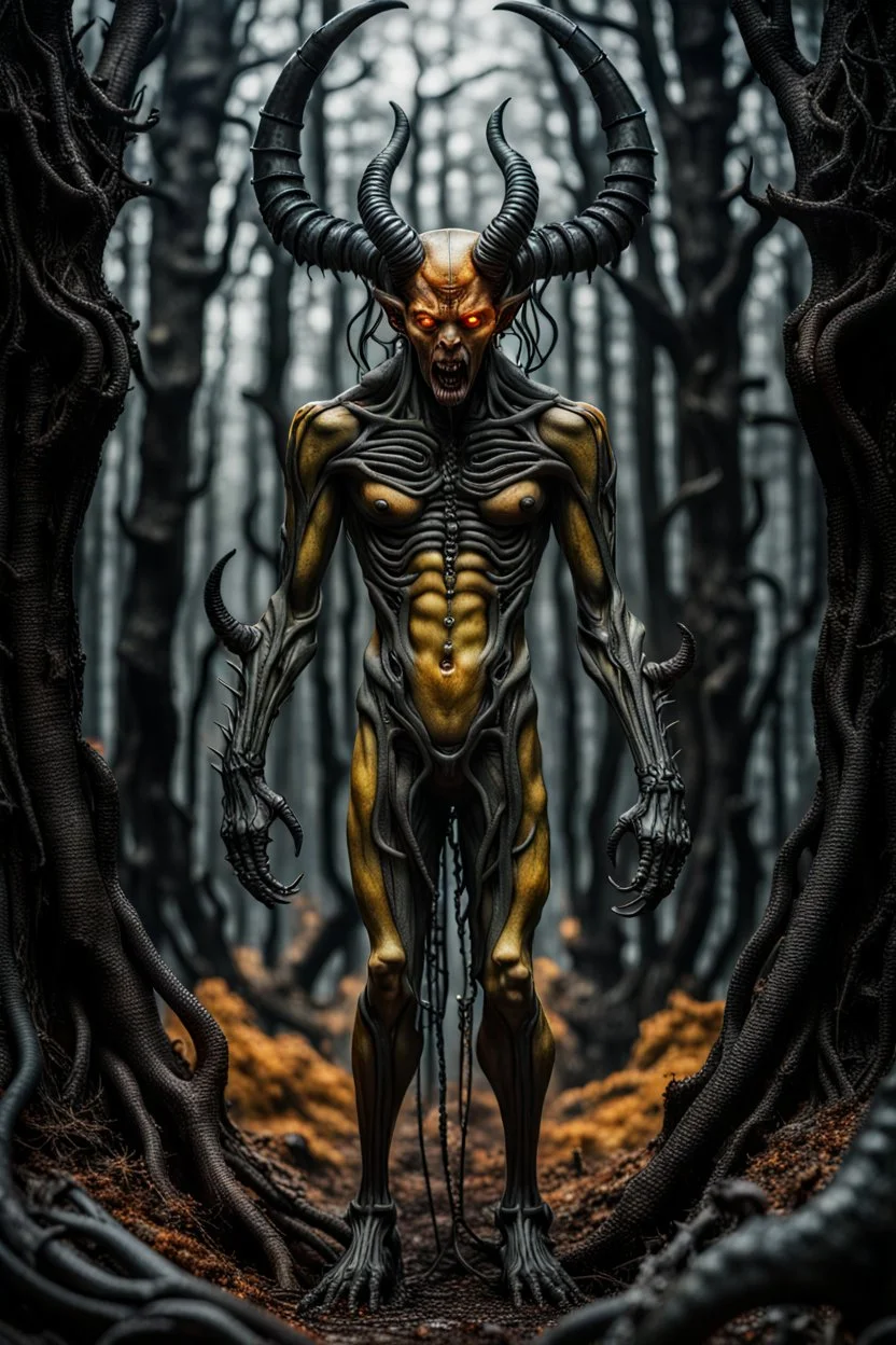 The Devil full body, full shot,forest,Sony Alpha 7 50mm 1.8,medium shot, high-resolution image with fine details, citrine, ultra detailed,ultra realistic,extremely realistic,intricate,photorealistic,epic composition,masterpiece,H.R.Giger style