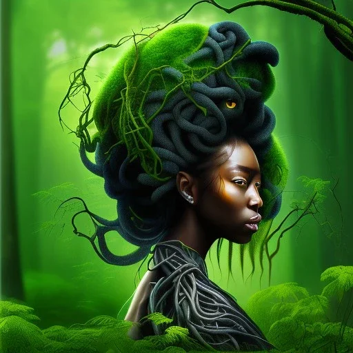 Painting .the face of A young black woman. A wood nymph emerging from the forest. Her hair looks like vines. Dreadlocs. Her skin is the colour of dark soil. Her skin looks like tree bark. Her clothing is made of vines, grass and leaves.