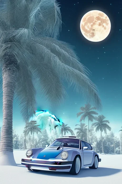 1980's aesthetic vaporwave palm trees with lighting with moon with porsche in the winter snow