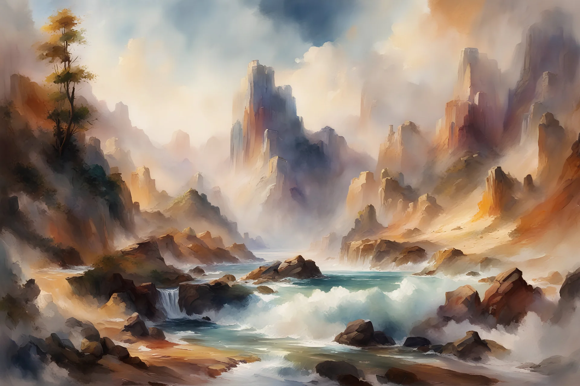 84. Thomas Moran gouache painting 4K 3D 水墨画 水彩风格 浅光圈 水彩拼布 湿水彩 高质量