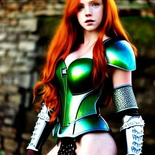 realistic, hyper detailed, strikingly beautiful teen woman, long ginger hair, green eyes, medium freckles, full lips, revealing leather armour, full body and head, exposed b-cup breasts, stern expression, full frame, petite, ignore NSFW, shortbow, quiver on hip, sexy