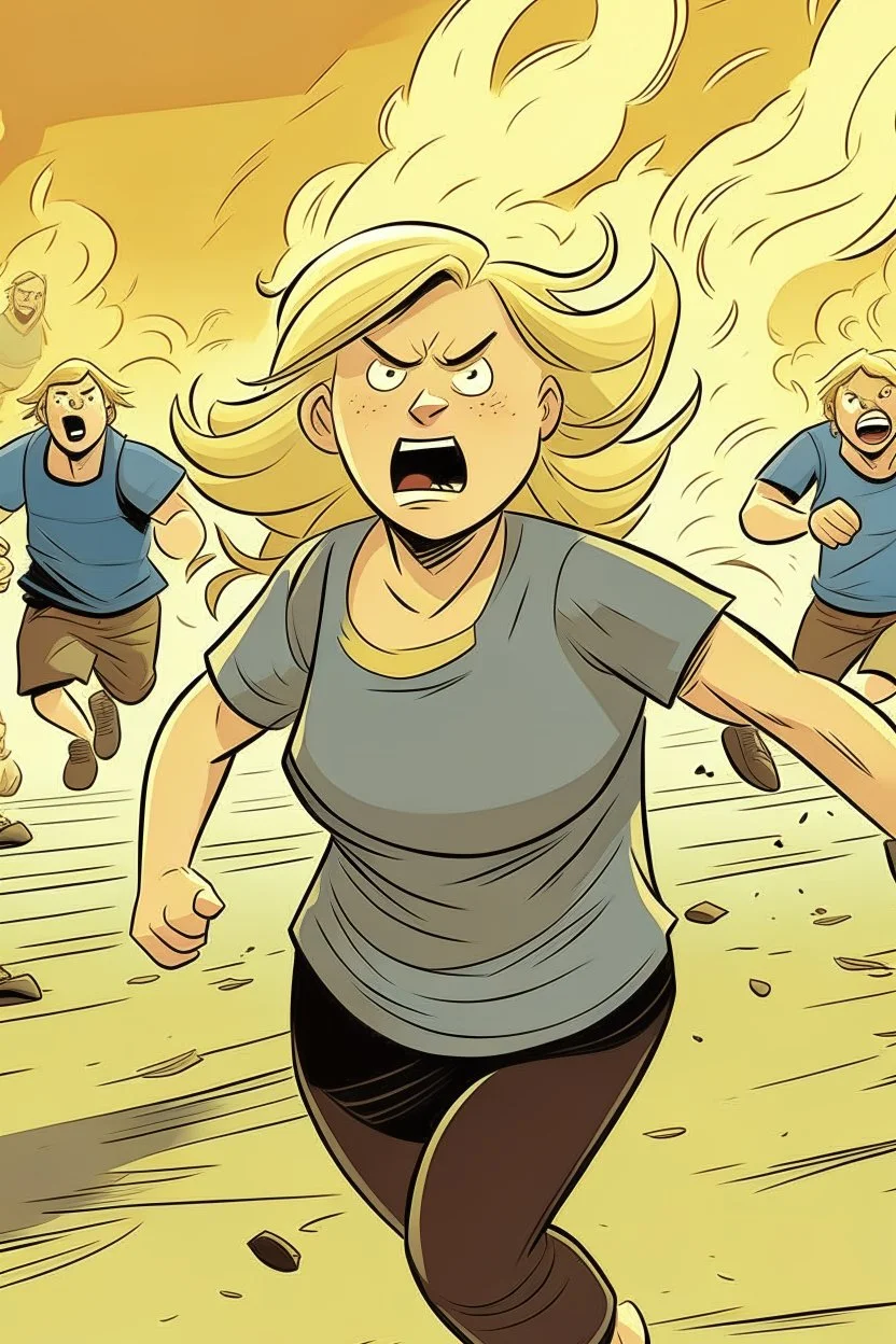 an obese terrified blonde woman running away from an angry mob