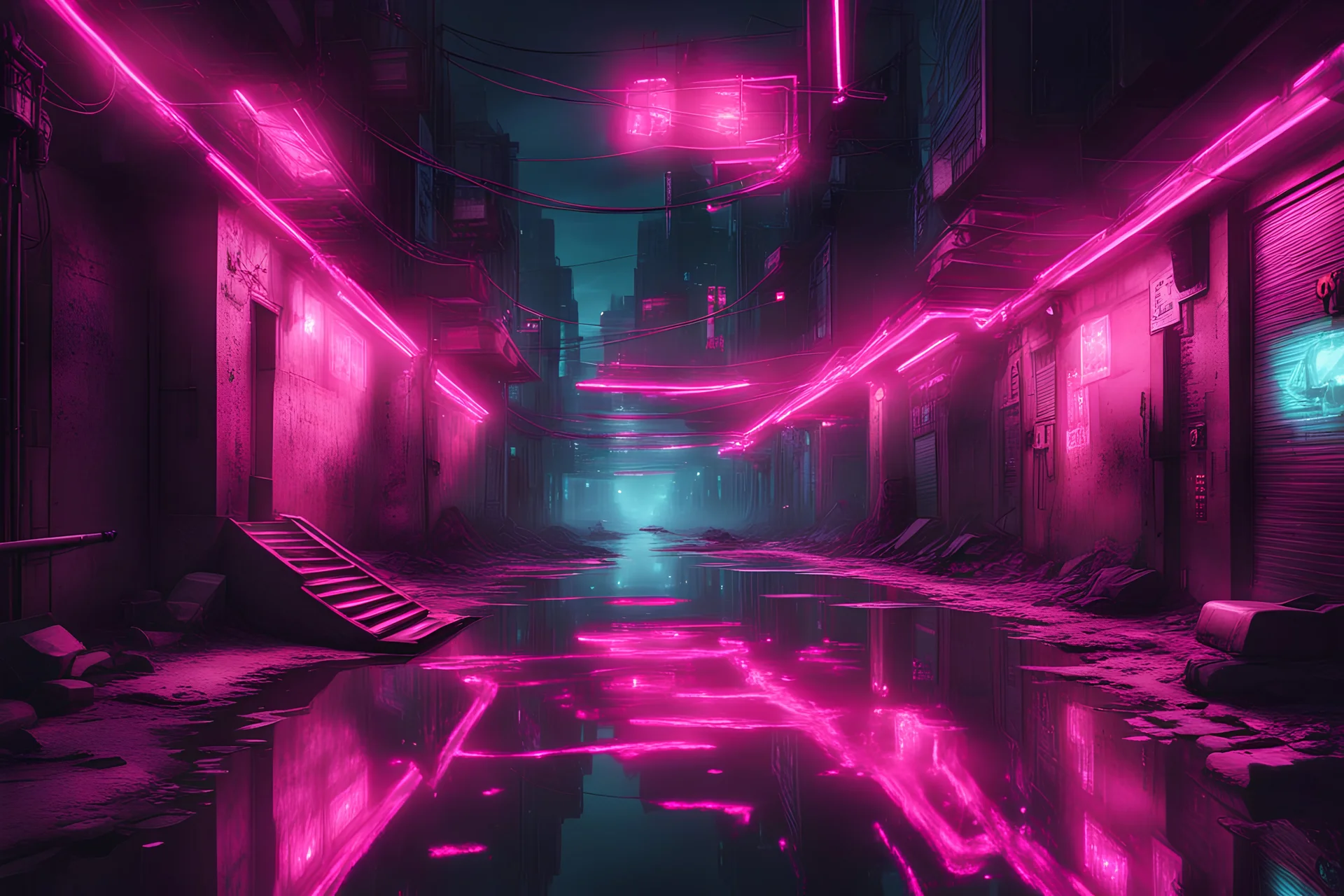 cyberpunk style dim dark pink lights dark sky city alley water puddle