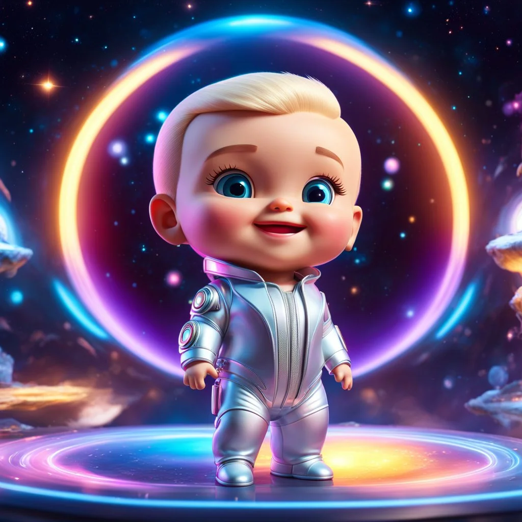 (masterpiece, best quality, 8k, RAW photo, beautiful and aesthetic:1.2), complex detail, Indirect light, photorealistic, (((full body))), Cosmic Boss Baby style smiling, Long clear curvy hair, colorfull Sci-Fi environment