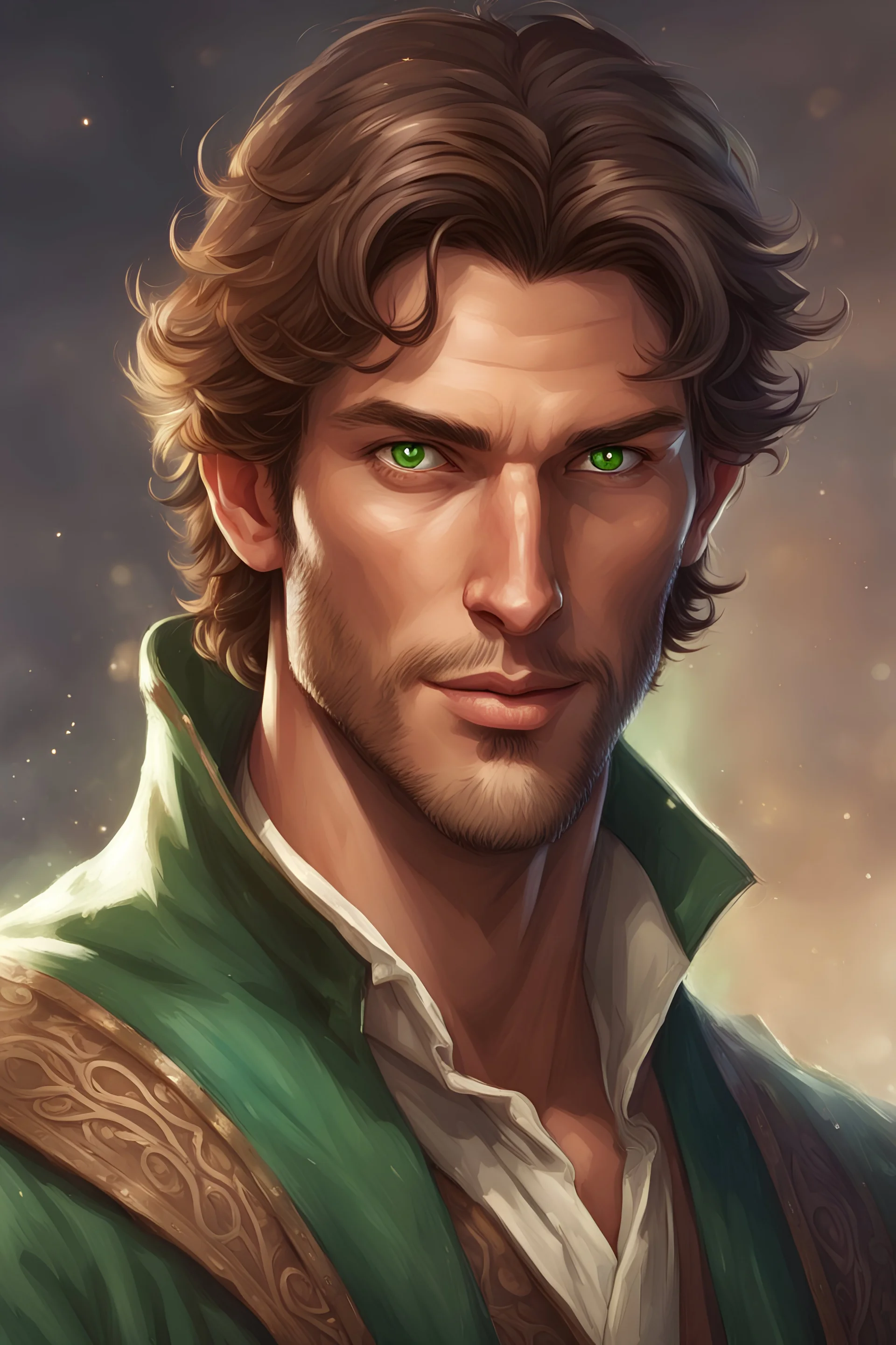 handsome thirty-year-old sorcerer, with tanned skin, brown hair and green eyes, with a kind face