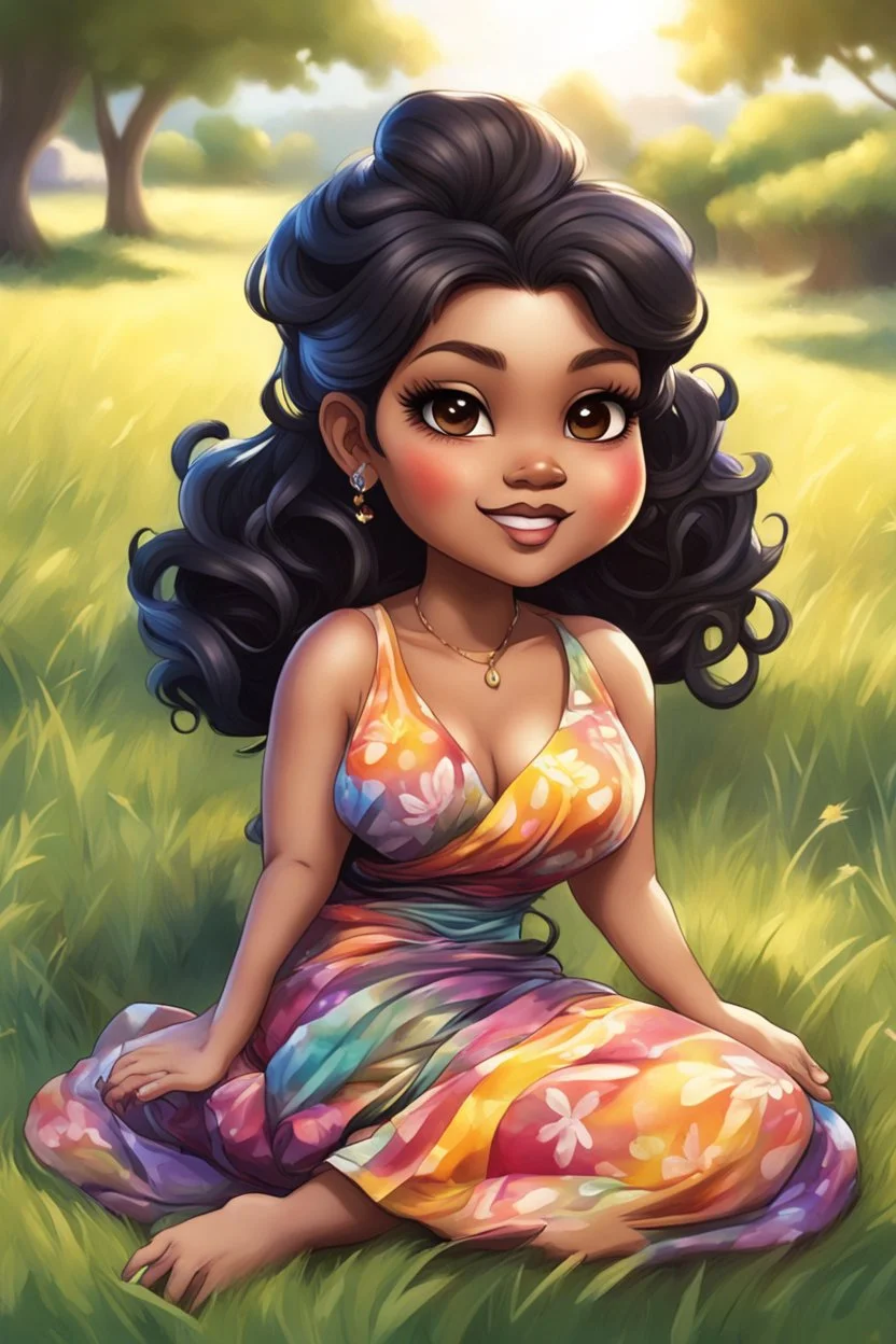 An airbrushed chibi black cartoon of a curvaceous woman with flowing black hair twisted up, wearing a colorful maxi dress. She sits relaxed on the grass facing the warm sunlight, which illuminates her face as she looks to the side with a small smile, accentuating her prominent makeup and brown eyes.