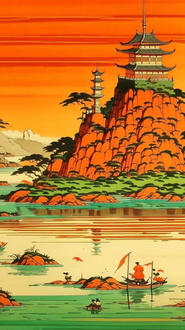 An orange colored marshland near an iron fortress painted by Utagawa Hiroshige