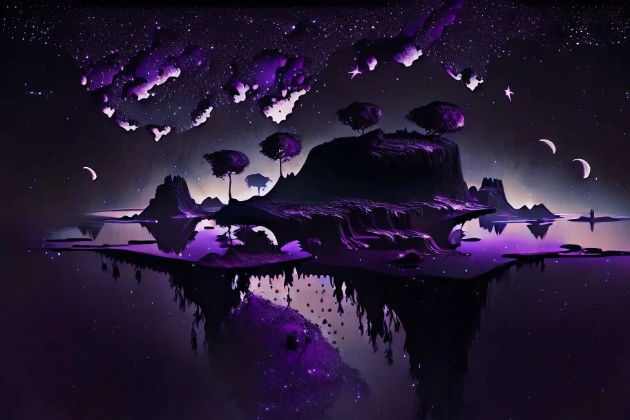 Floating Islands, Dark Purple and Black Night Sky, Stars, Space, Numerious Islands, Dead Soil