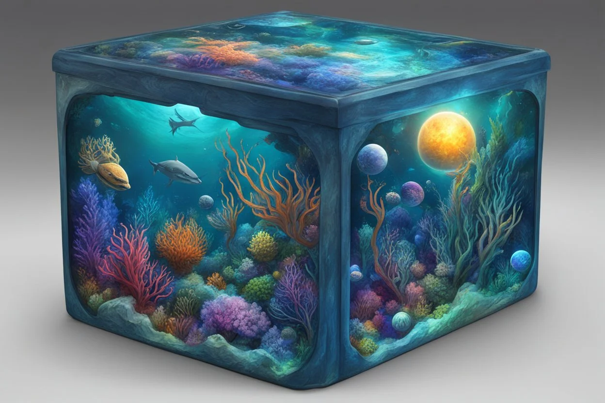 hyperrealistic, 4k, box for storing things with beautiful drawings a lot of colours, very detailed, subnautica, sea plants, planets space, galaxies,