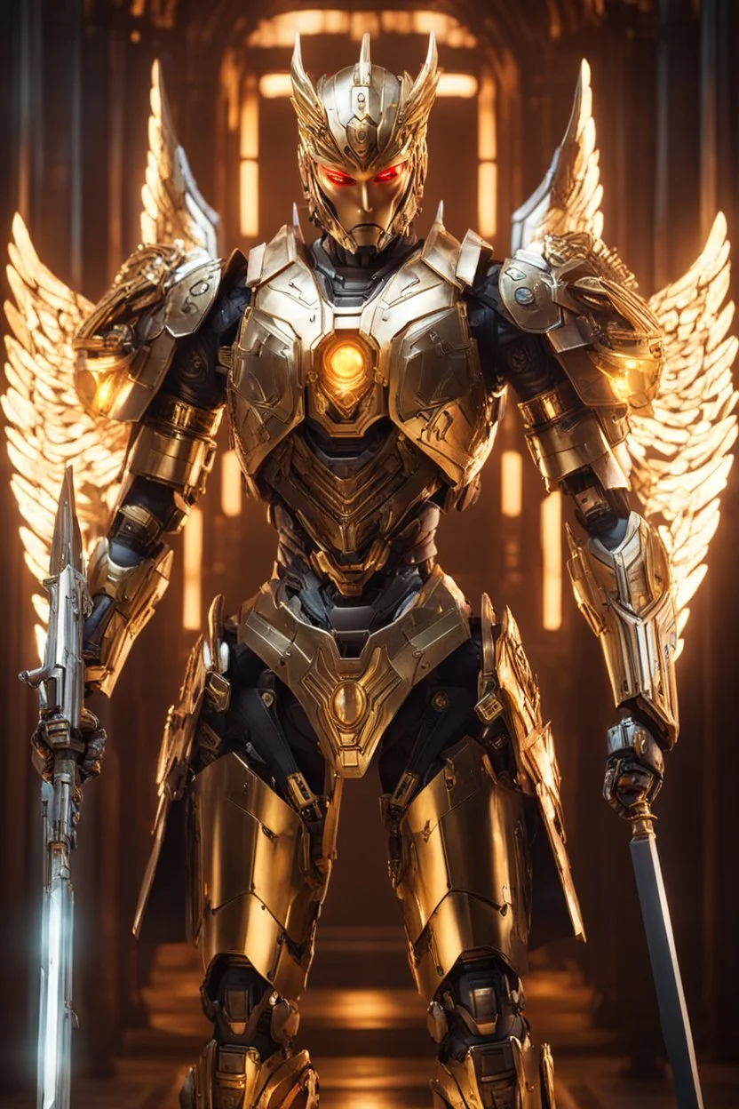 Beautiful Angel woman body mechanical robo warrior character, anthropomorphic figure, wearing futuristic mecha warrior armor and weapons, reflection mapping, realistic figure, hyperdetailed, cinematic lighting photography, 32k uhd with a golden staff, red lighting on suit