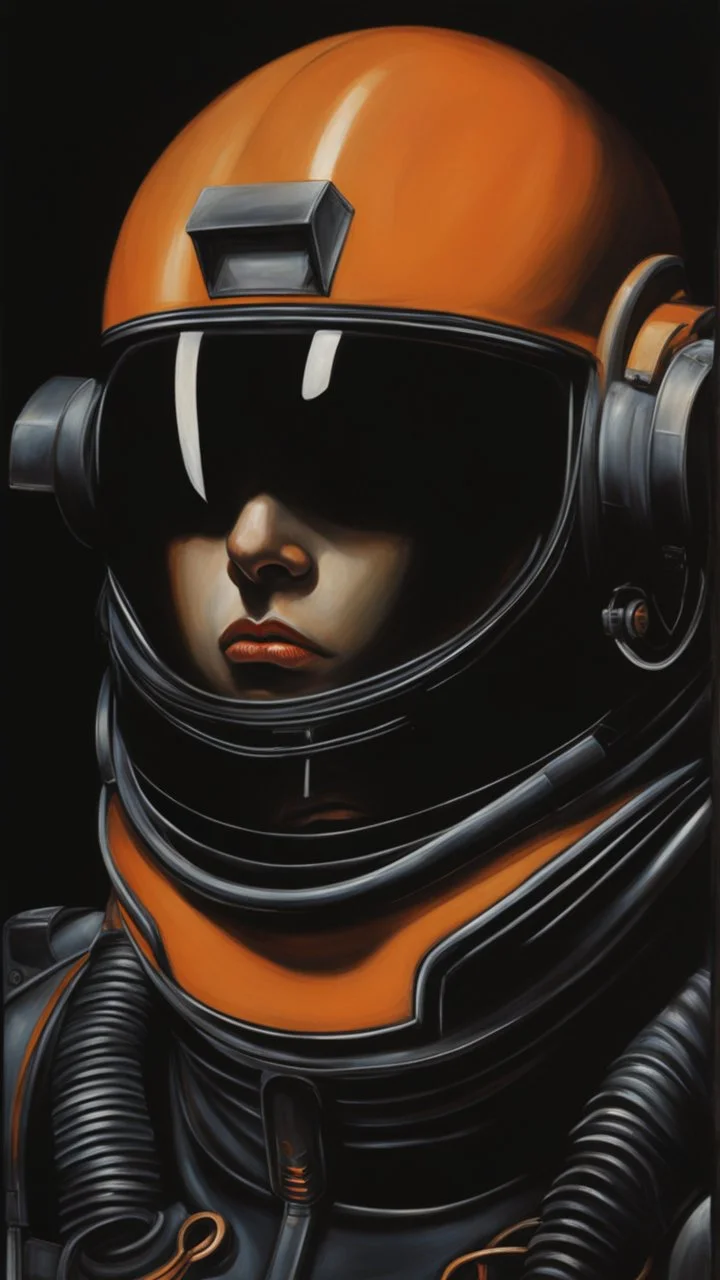 an oil painting by H. R. Giger of an astronaut's helmet and visor on the black background, the face is seen through it, there’s orange light coming from inside the space suit, dark lighting, minimalistic design, dark colors, horror art --ar 51:64 --v 5. 2